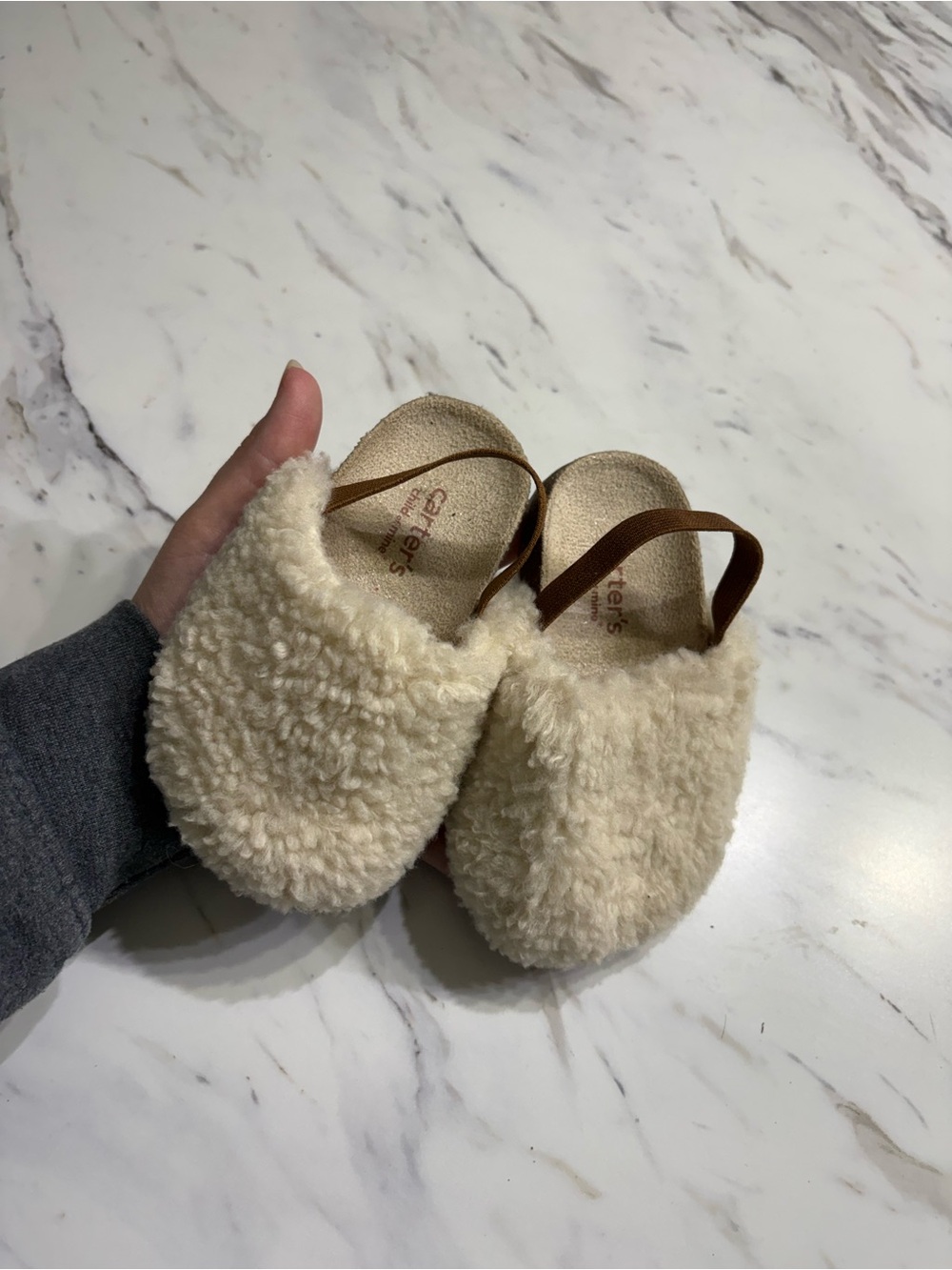 Carter's Cream Sherpa Slip-On Kids Shoes with Brown Strap